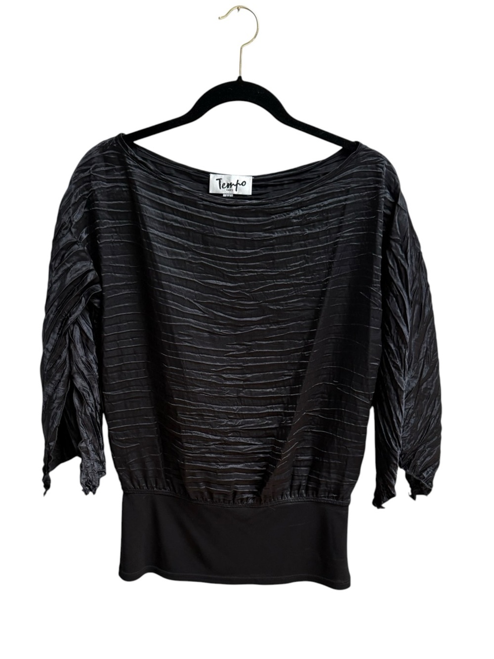Vintage Tempo Paris Black Crinkle Boatneck Top Size M Silky Satin Evening Party